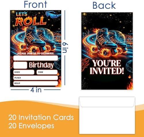Roller Skating Birthday Invitation, Glow Gender Neutral Double-Sided Fill In Style Invites with Envelopes for Birthday, Glow Roller Skating Party Invitation For Boy,Girl, Bday Party Favor & Decoration