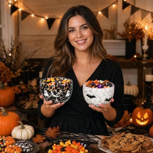 AnyDesign 2Pcs Halloween Icon Candy Bowls 14 Oz Black White Ghost Bat Serving Bowl Trick or Treat Glass Dishes Candy Servers Table Decor for Gifts Snacks Cookies Dessert Party Supplies