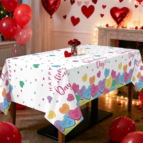 Gistome 3-Piece 54 x 108 Inch Valentine’s Day Plastic Tablecloth – Colorful Candy Heart Disposable Table Covers for Valentine’s Parties, Weddings, Classrooms, and Romantic Celebrations