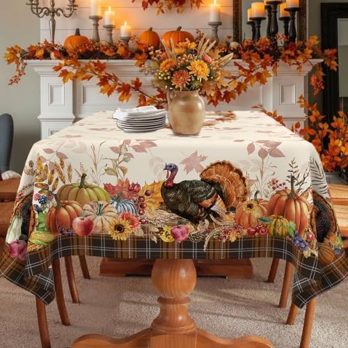 Thanksgiving Plaid Tablecloth Rectangle 60 x 84 Inch, Stain Resistant Machine Washable Fabric Polyester Turkey Harvest Tablecloths Rectangular Thanksgiving Table Cloth Rectangle Table Cover