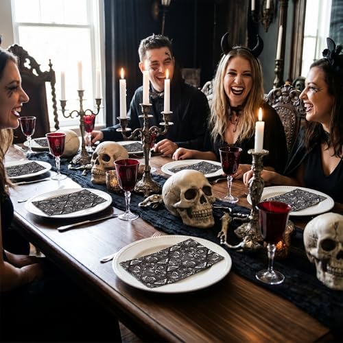 WRAPAHOLIC 50Pcs Gothic Halloween Paper Napkins - 3-Ply Black and White Skull Moth Gothic Guest Disposable Hand Towels for Bathroom, Halloween, Birthday, Holiday - 4.3 x 7.9 In