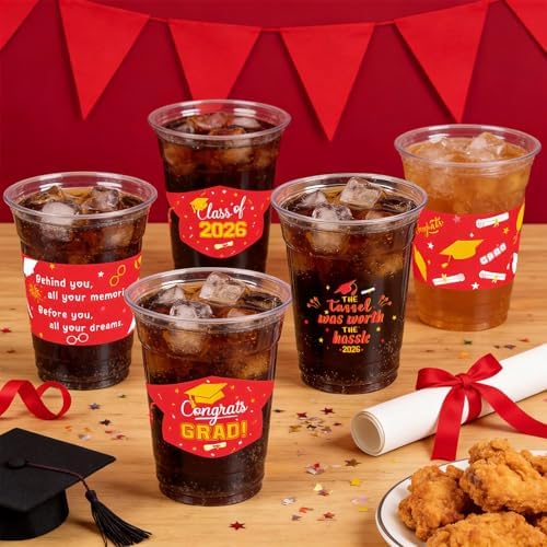 GuassLee Red Gold Graduation Decorations 2026 Party Cups - 100pcs 12 Oz Red and Gold Disposable Graduation Plastic Clear Cups for Drinks Class of 2026 Grad Party Supplies