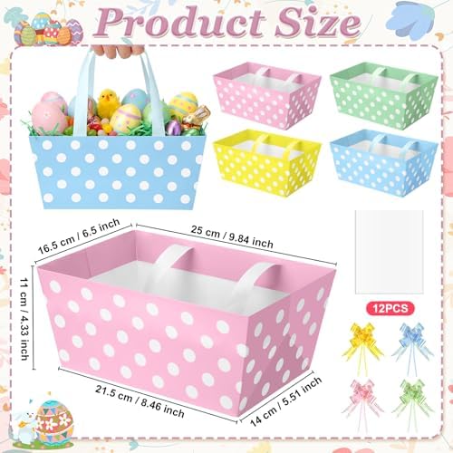 Moinchore 12 Set Pastel Polka Dot Basket for Gifts Empty 9.8x6.5'' Cute Macarons Market Tray Cardboard with Bows, Cellophane Bags, Twist Tiles, Empty to Fill for Summer Wedding Holiday Party Supplies