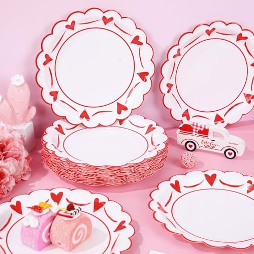 JarThenaAMCS 50 Pcs Valentine's Day Heart Paper Plates Scalloped Disposable Plate Red Decorative Tableware Gift for Home Wedding Anniversary Birthday Party Kitchen Decor, 9 In