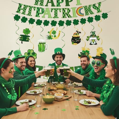 64Pcs St Patricks Day Decorations Kit Shamrock Lucky Banner Garlands Clover Hanging Swirls Irish Decor for Home Saint Patrick Party Table Supplies