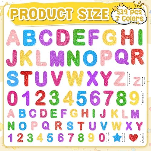 Foam Letter Stickers,540 PCS Glitter Foam Alphabet Number Stickers,7 Colors