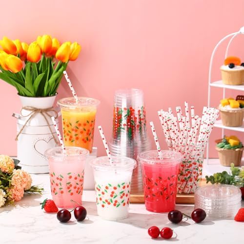 Funnymoom 50 Sets Cherry Disposable Plastic Cups Bulk with Lids Straws 16 oz Red Cherry Clear Plastic Cups Flower Cold Beverage Drinking Container for baby shower Birthday Daily Holiday Party Supplies
