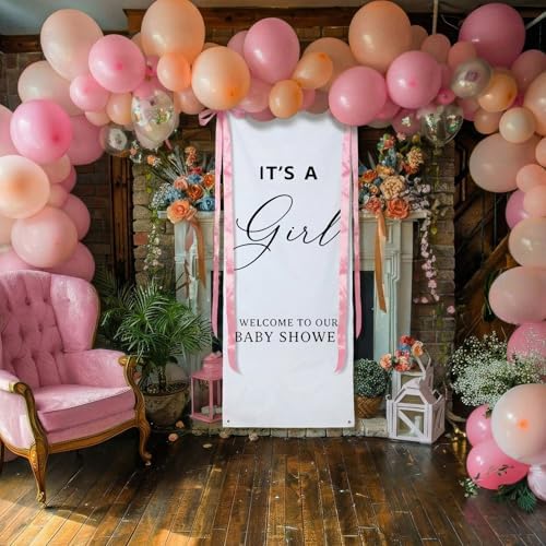 Oudain 60x24 Inch It's a Girl Banner Baby Shower Burlap Backdrop