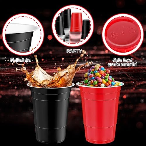 120 PCS Red And Black Disposable Plastic Cups Happy New Year Plastic Cups 16 oz red black Party Cups for Party Wedding Birthday Family Gatherings & Games and Festive Celebrations