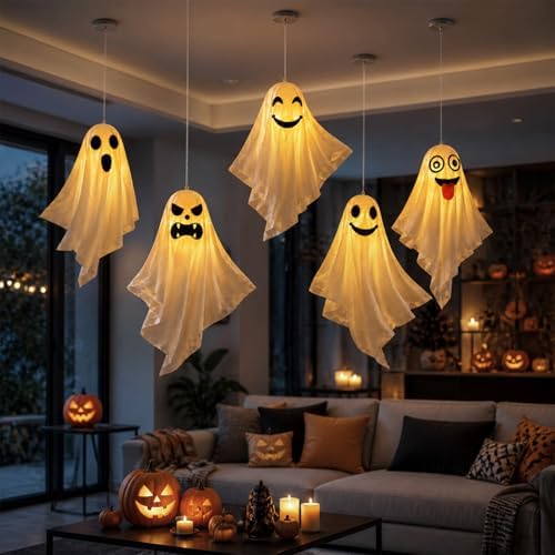 5 Pcs LED Light Up Hanging Ghosts, 24.4 Inch Halloween Outdoor Decor