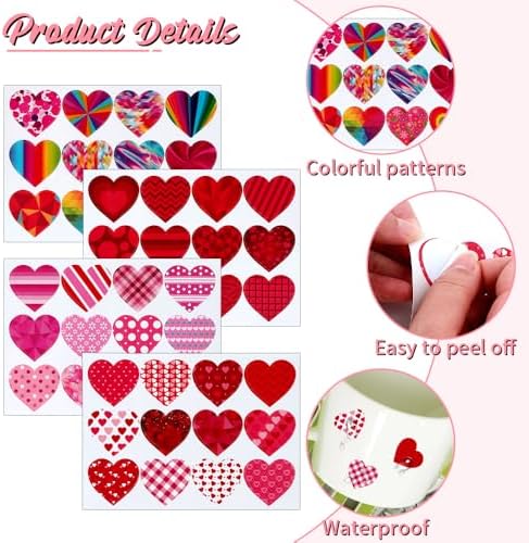 Valentines Stickers, Heart Stickers, 384 PCS Valentine Day Heart Stickers for Kids, 1.5 Inch Self-Adhesive Love Decorative Sticker Labels for Valentine's Day Wedding School Craft Activity Party Favors