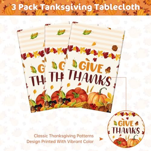 3 Pcs Thanksgiving Tablecloth Disposable - Give Thanks Tablecloths, Maple Leaves Pumpkin Fall Table Cloth Plastic Rectangle Table Cover for Thanksgiving Party Decorations Supplies Favors, 54x108 Inch