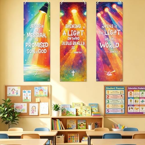 Moukeren 3 Pcs 4 Pcs Church Banners with Scripture Religious Worship Banner Christian Porch Sign Jesus Hanging Backdrops for Spring Summer Indoor Outdoor Sanctuary Wall Decor (Illumination)