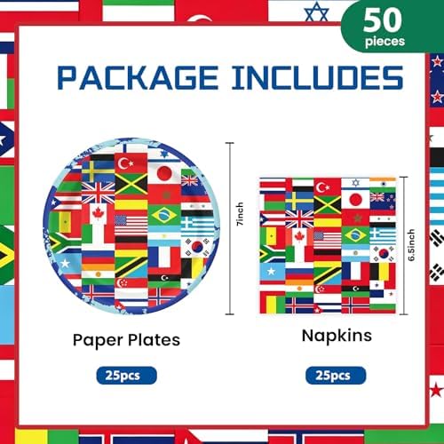 50Pcs International World Flags Plates and Napkins Party Supplies, Disposable Soccer Game Paper Plates Napkins Tableware Set for Travel Trip Around the Globe Sports Soccer Events 2026 Decorations