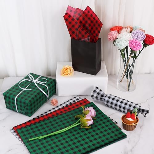 BEISHIDA 90 Sheets Christmas Gingham Tissue Paper Bulk,Red Green Black Buffalo Plaid Wrapping Tissue Paper for Gift Bags, 14 x 20 Inch Gift Wrap for Party Decoration DIY Crafts Decor Holiday Flowers