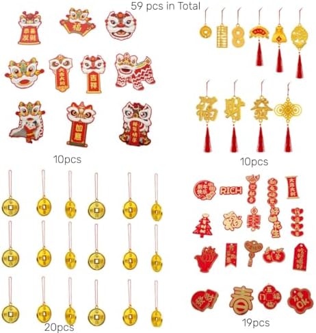 KYMY Chinese New Year Hanging Ornaments Set – 59pcs Red & Gold Lucky Decorations with Coins, Fu Charms & Lanterns, 2026 Zodiac Horse Year Spring Festival Pendants for Tree, Branch & Home Decor