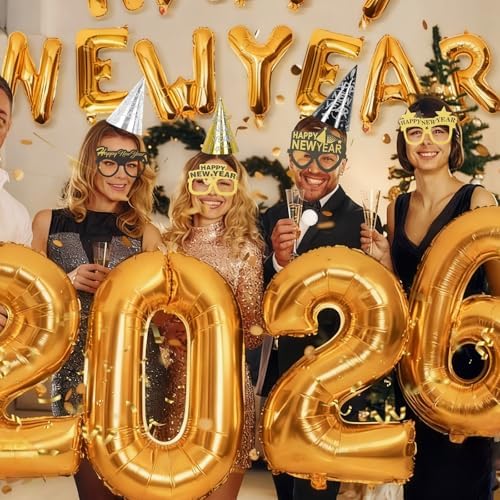 42 Pieces 2026 New Year's Eve Party Supplies Kit - Black Gold Silver Happy New Year Paper Glasses, Headband Tiaras, Cone Hats, Noise Makers for New years Eve Party Decorations