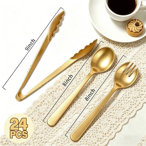 24 Pcs Gold Plastic Serving Utensils Set, Disposable & Reusable Supplies