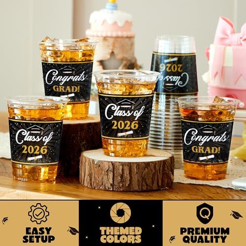 JOYIN 100 Pcs 16oz Graduation Cups Party Plastic Cups, Class of 2026 Graduates Disposable Tableware Set, PET Cup for High School College Graduation School Party Favors Supplies