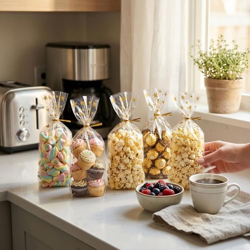 CCINEE 150 Pcs Cellophane Treat Bags, 5 X 11 Inches Gold Star Print Clear Gift Wrap Candy Bags Goodie Bags with Twist Ties for Wedding, Birthday Party Favors, Bakery, and Gift Packaging