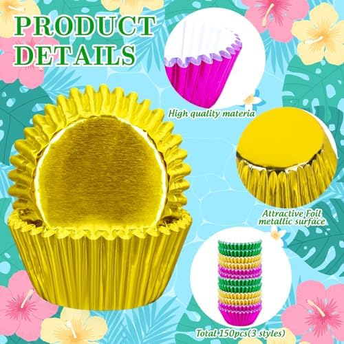 Whaline 150Pcs Hawaiian Foil Cupcake Liners Baking Cups Green Rose Red Yellow Foil Metallic Cupcake Wrappers Muffin Liners for Summer Tropical Luau Party Supplies