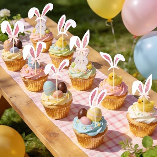 Easter Cupcake Toppers, 24 Pcs Easter Bunny Ear Cupcake Toppers, Glitter Pink Rabbit Ears Cupcake Picks Topper Easter Bunny Rabbit Cake Decorations for Easter Girls Birthday Party Decorations Supplies