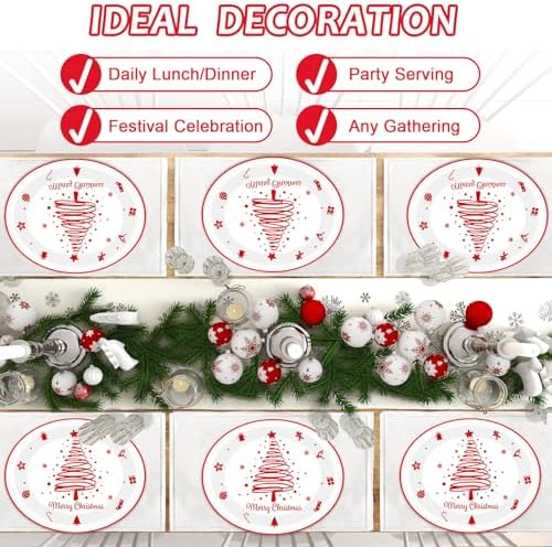 Lonfliness 50PCS Christmas Tree Oval Paper Plates Merry Christmas Red White Paper Plate Decorations Snowflake Gifts Candy Disposable Tableware Large 11inch Decor for Xmas Gathering Dinner Supplies