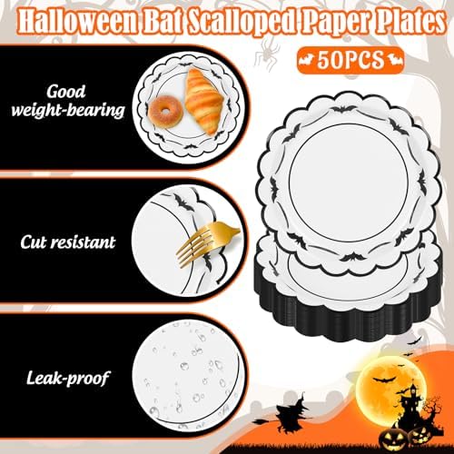 JarThenaAMCS 50 Pcs Halloween Paper Plates Bat Scalloped Disposable Plate Spooky Decorative Tableware for Holiday Party Decor Supplies, 9 In