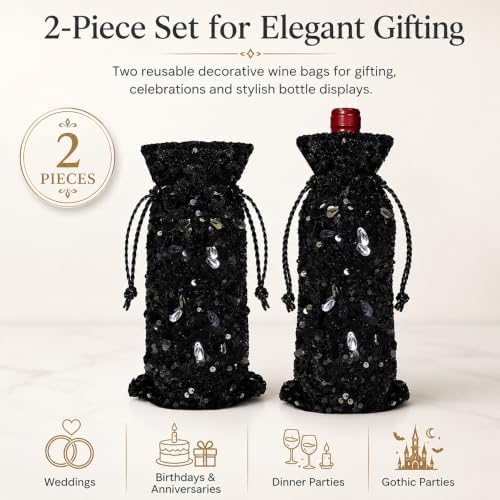 Blingxy 2-Pack Black Sequin Wine Gift Bags with Drawstring