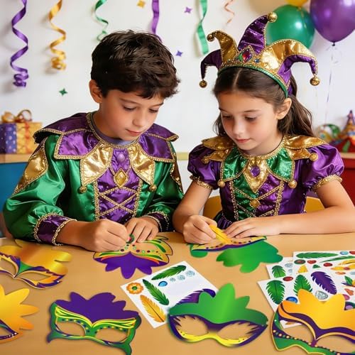 Jansun 24-Pack Mardi Masquerade Gras Masks, Party Masks with Feathers Stickers Carnival Costumes Outfits Accessories