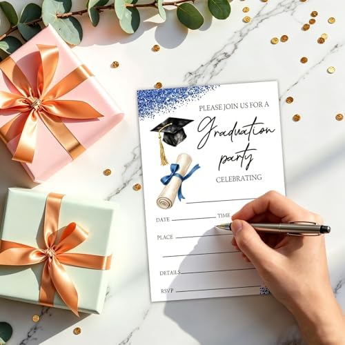 Blue Glitter Graduation Invitations 2026 with Envelopes - 20 Pack Class of 2026 Graduation Party Invitations, 4x6 Inch Fill-in Graduation Announcements for High School or College - A03