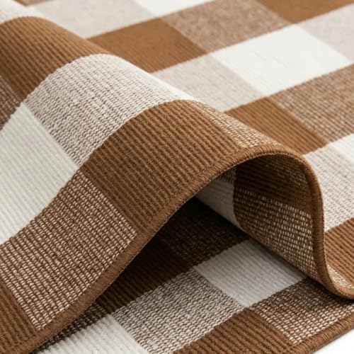 SEEKSEE Fall Decor Buffalo Plaid Rug 4' x 6' Coffee and White Large Front Door Mat, Layering Area Rug, Fall Rug for Outdoor Patio Entryway Indoor Living Room Kitchen Dining Room Decor