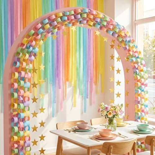 700 Sheet Macaron Paper Chain Strips and 52 ft Gold Star Garland Set