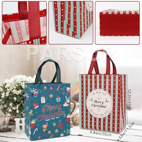 PARSUP 16PCS Christmas Gift Bags with Handles, Assorted Sizes Tote for Treat, Non-Woven Christmas Bags for Gift Wrapping, Xmas Party Supplies