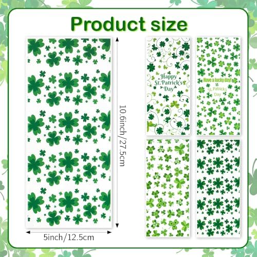 eowqeiur 100 PCS St Patricks Day Treat Bags(5x11 Inch) Green Shanrock Cellophane Bags for Cookie Candy Goodie Goody Snack Gifts Wrap Clover Spring Baggies Pouch St Patricks Party Favors Supplies