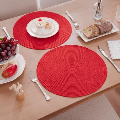 SHACOS Round Placemats Set of 4 Non Slip Washable Place Mats 15 inch Cotton Polyester Braided Placemat for Christmas Home Wedding Party Dining Table Decor (Red, 4)