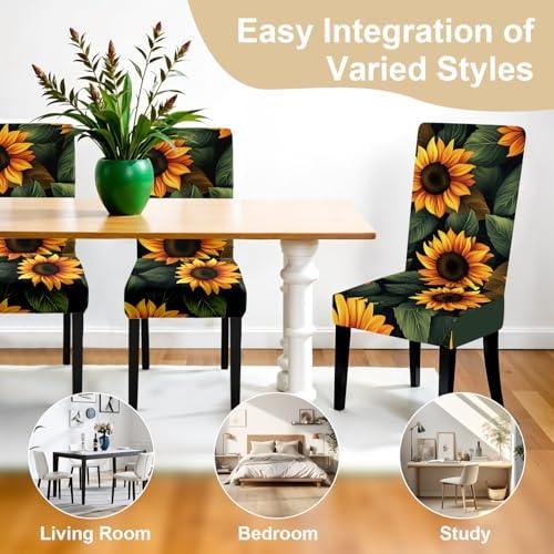 Sunflower Chair Covers for Dining Room – Stretch Floral Slipcovers with Bright Yellow Sunflowers on Dark Background – Washable Decorative Seat Protectors for Kitchen, Summer, Farmhouse Decor,Set of 6