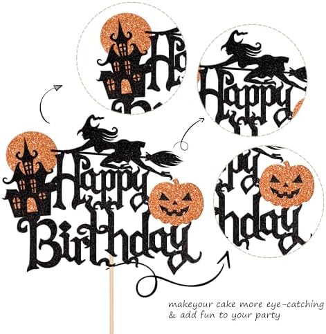 1 Pack Halloween Happy Birthday Cake Topper Glitter Witch Leg Haunted House Pumpkin Cake Pick for Halloween Themed Cupcake Decoration Birthday Party Supplies