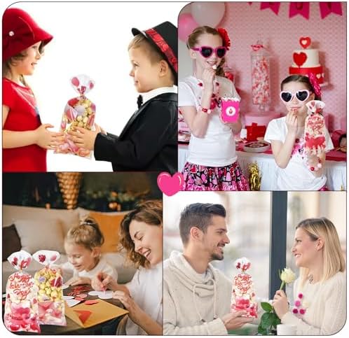 Valentines Goodie Bags, 120Pcs Valentines Treat Bags for Candy Goody Snacks Gifts Packing, Valentines Day Cellophane Bags With 135Pcs Twist Ties for Kids Classroom Party Favors - 4 Lovely Style