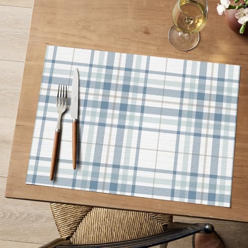 Artoid Mode Buffalo Plaid Vinyl Placemats Set of 4, 12x18 Inch Washable Non-Slip Heat Resistant Plastic Place Mats for Party Dining Table, White/Blue