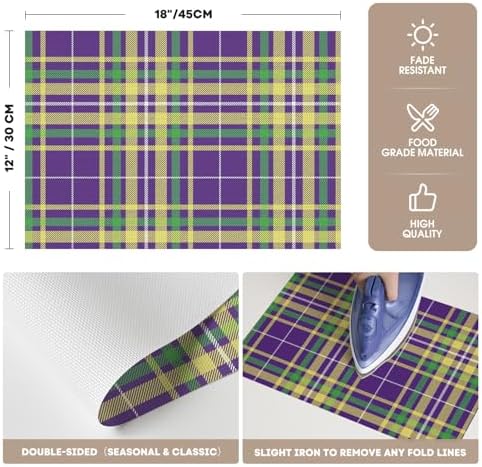 Artoid Mode Purple Striped Check Mardi Gras Vinyl Placemats Set of 4,Heat Resistant Non-Slip Woven Plastic PVC Place Mat for Party Kitchen Dining Decor