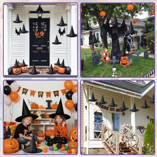 12 PCS Halloween Witch Hat, Black Hanging Witch Hat Costume Accessories Thickened Hanging Wizard Hats Bulk with 109 FT Rope Floating Porch Indoor Outdoor Home Yard Party Supplies