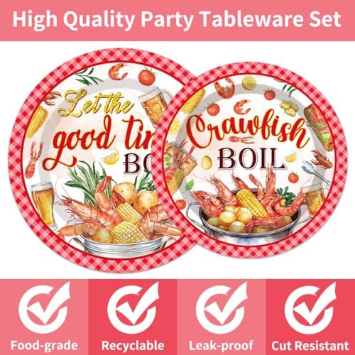 EUOYUFO 96Pcs Crawfish Boil Party Supplies Tableware Set Let The Good Times Boil Paper Plates Napkins Forks Lobster Seafood Boil Birthday Theme Party Supplies Serve 24 Guests