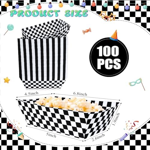 100 Pcs Black and White Checkered Paper Food Trays, Pre-Folded Classic Disposable Food Boats for Hot Dogs, Fries, Nachos, Snacks, Carnival, Picnic, Sports Events, BBQ, Party Supplies
