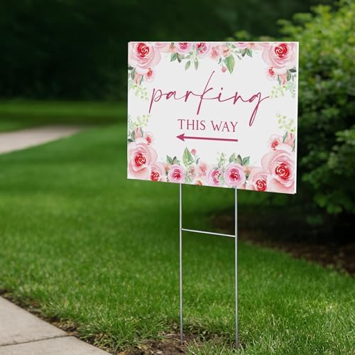 8 Pcs 17 × 8.5" Wedding This Way Directional Parking Signs Road with Stakes Large Double Sided Direction Printed Ceremony Reception Lawn Yard Arrow Sign Exquisite Plastic Rainproof (Pink Rose)