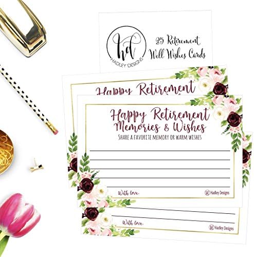 Hadley Designs 25 Floral Retirement Party Advice, Well Wish Card for Men or Women, Decoration Happy Retiree Celebration Gift, Bucket List Wish Jar and Personalized Retired Centerpiece