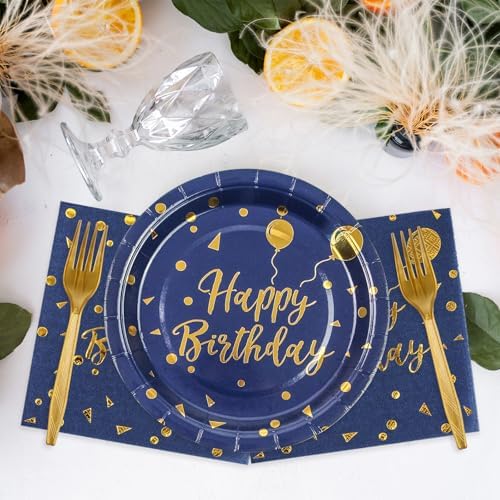 48PCS Happy Birthday Plates and Napkins Party Supplies, Blue and Gold Disposable Paper Plates and Napkins with Forks Tableware Set for Birthday Party Decorations 16 Guests (Pack of 2)