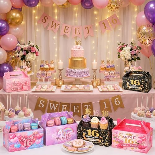 Zhanmai 36 Pack Sweet 16 Party Treat Box Happy 16 Year Old 16th Birthday Goodie Boxes Hello Sixteen Gift Containers with Handles, Decorative Cardboard Goodie Boxes for Cookies Cupcakes Candy