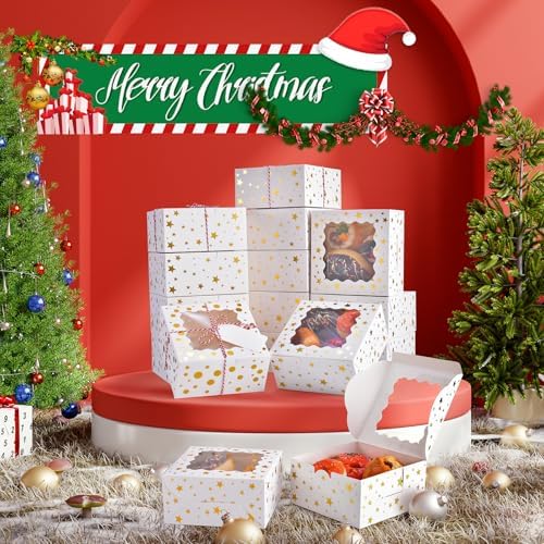 32Pcs 9x6x3 in Christmas Cookie Boxes with Window, White Gold-Star