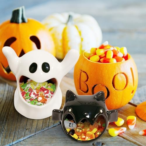 2 Pack Halloween Ceramic Candy Bowls, Ghost & Bat Candy Holder Containers